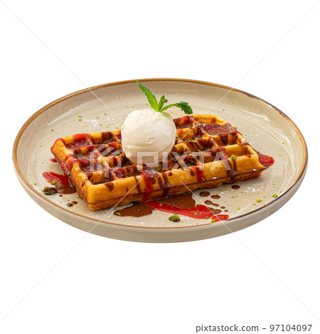 Portion of sweet belgian waffles with ice cream Portion of sweet belgian waffles with ice cream 97104097