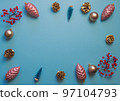 Flat lay composition with gift boxes and christmas decor on blue background 97104793