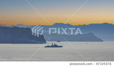 military ship on the background of mountains 97105078