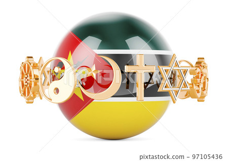 Mozambican flag painted on sphere with religions symbols around, 3D rendering Mozambican flag painted on sphere with religions symbols around, 3D rendering 97105436