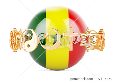 Senegalese flag painted on sphere with religions symbols around, 3D rendering 97105460