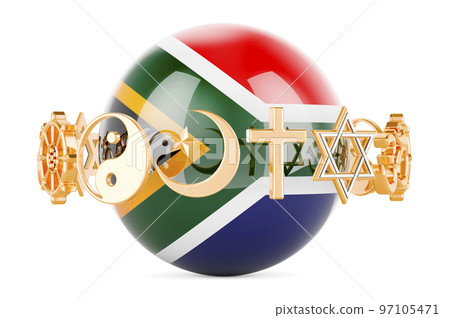 South African flag painted on sphere with religions symbols around, 3D rendering South African flag painted on sphere with religions symbols around, 3D rendering 97105471