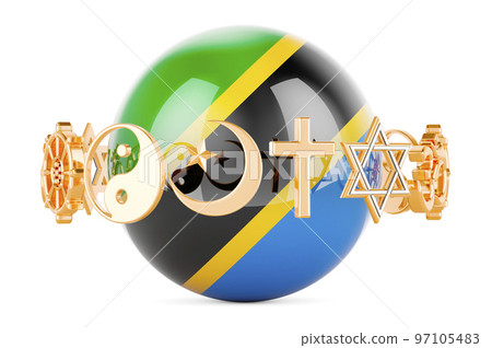 Tanzanian flag painted on sphere with religions symbols around, 3D rendering 97105483