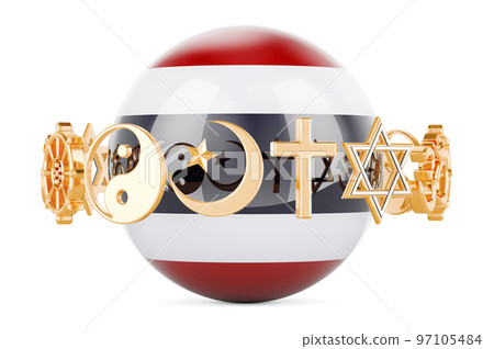 Thai flag painted on sphere with religions symbols around, 3D rendering 97105484