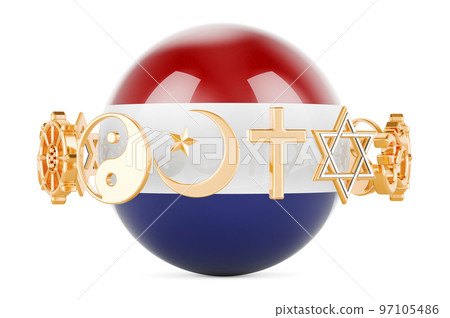 The Netherlands flag painted on sphere with religions symbols around, 3D rendering 97105486