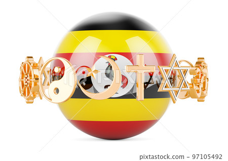 Ugandan flag painted on sphere with religions symbols around, 3D rendering Ugandan flag painted on sphere with religions symbols around, 3D rendering 97105492