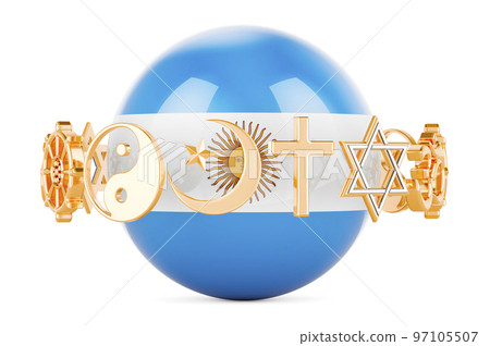 Argentinean flag painted on sphere with religions symbols around, 3D rendering Argentinean flag painted on sphere with religions symbols around, 3D rendering 97105507