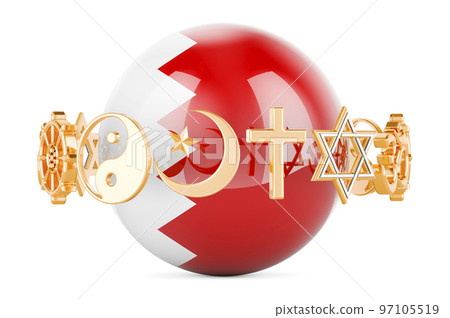 Bahraini flag painted on sphere with religions symbols around, 3D rendering Bahraini flag painted on sphere with religions symbols around, 3D rendering 97105519