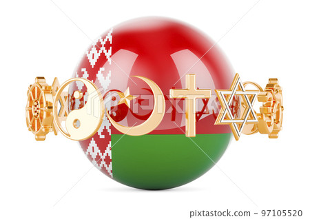 Belarusian flag painted on sphere with religions symbols around, 3D rendering Belarusian flag painted on sphere with religions symbols around, 3D rendering 97105520
