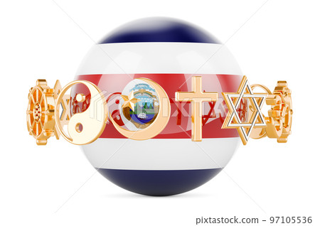 Costa Rican flag painted on sphere with religions symbols around, 3D rendering Costa Rican flag painted on sphere with religions symbols around, 3D rendering 97105536
