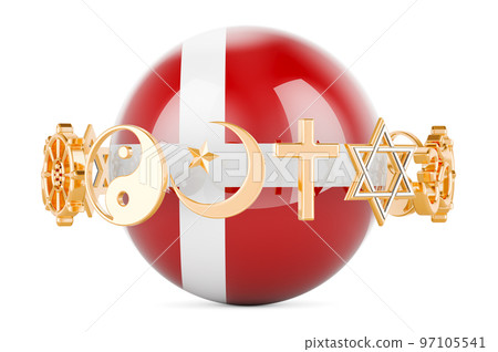 Danish flag painted on sphere with religions symbols around, 3D rendering Danish flag painted on sphere with religions symbols around, 3D rendering 97105541