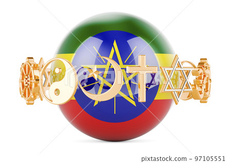 Ethiopian flag painted on sphere with religions symbols around, 3D rendering 97105551