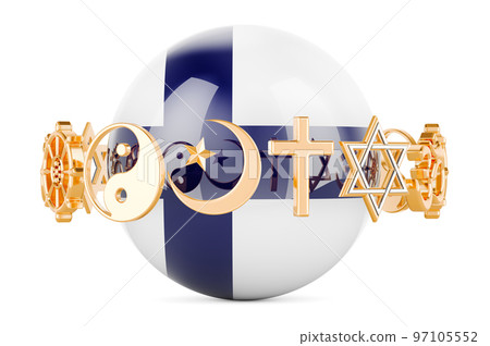 Finnish flag painted on sphere with religions symbols around, 3D rendering 97105552