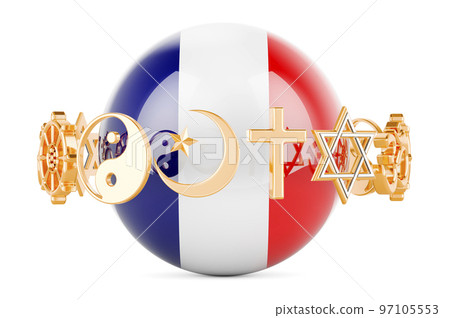 French flag painted on sphere with religions symbols around, 3D rendering 97105553