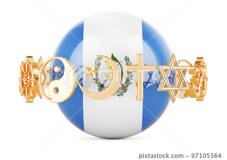 Guatemalan flag painted on sphere with religions symbols around, 3D rendering 97105564