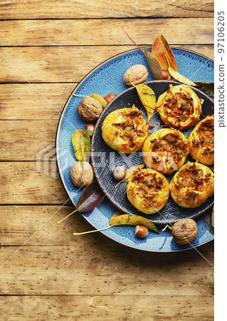 Fresh buns with nut filling, dessert 97106205