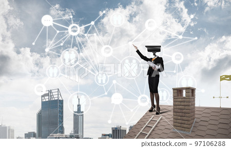 Concept of security and privacy protection with camera headed woman Concept of security and privacy protection with camera headed woman 97106288
