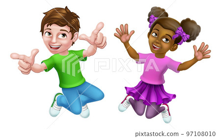 Jumping Girl and Boy Kids Children Cartoon Jumping Girl and Boy Kids Children Cartoon 97108010