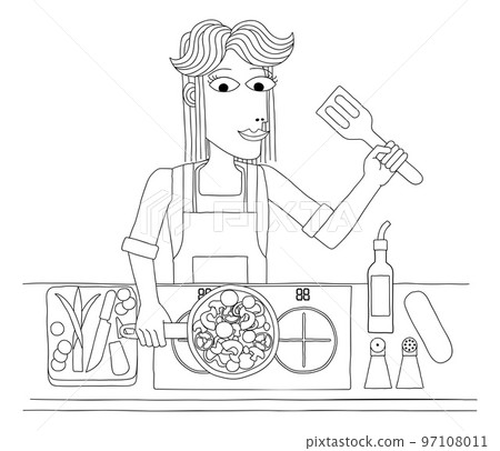 Woman Cooking Vegetable Curry Chinese Food Kitchen 97108011