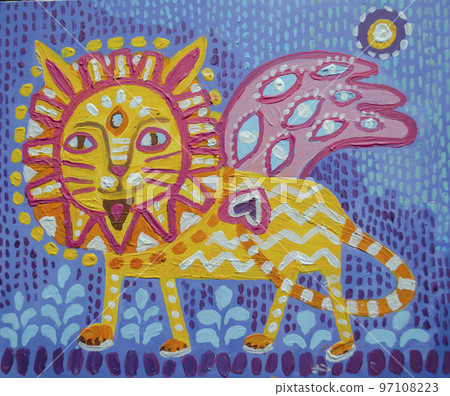 Stylized yellow hot lion with wings on blue violet Stylized yellow hot lion with wings on blue violet 97108223