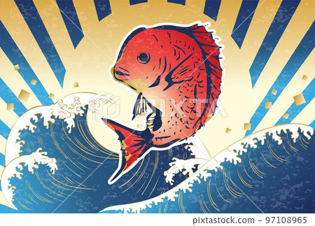 日本風格的水墨畫鯛魚和海的插圖 97108965
