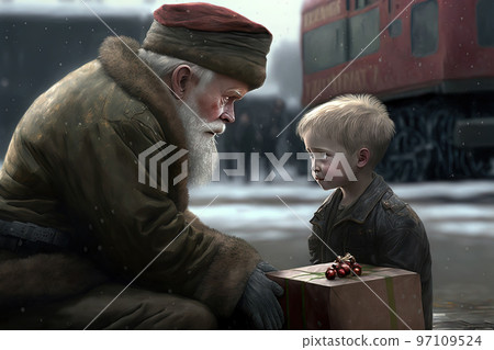 santa claus giving gift to a sad ukraine war boy generative ai 97109524