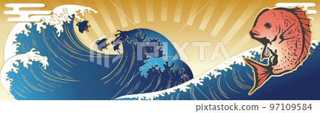 水墨畫鯛魚和海橫幅插畫素材 97109584