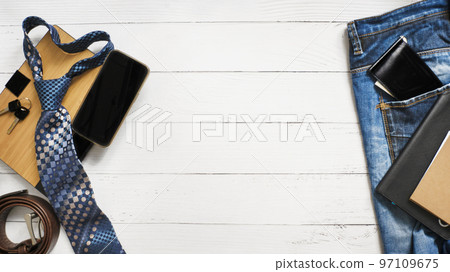 Men's necktie on White wooden background. Boss day, valentine's day 97109675