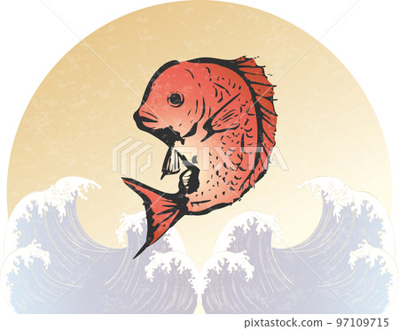 Japanese style illustration of ink painting sea bream and waves 97109715
