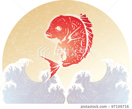 Japanese style illustration of ink painting sea bream and waves 97109716