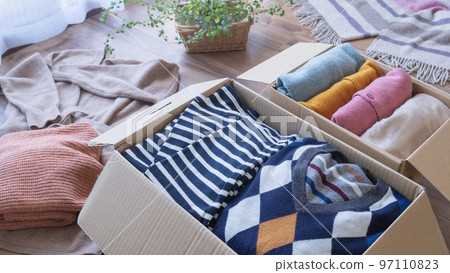 Clothes in cardboard | Changing, discarding, and recycling image 97110823