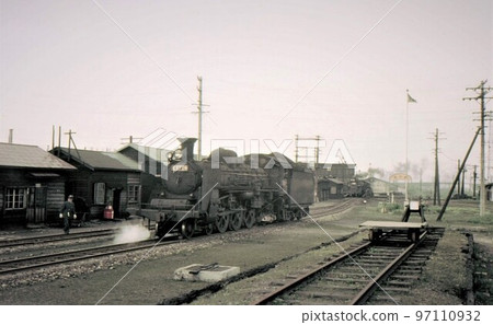 1969 Steam locomotive c57 departure area. Hakodate Main Line Oshamambe Locomotive Depot. Hokkaido old color photo documentary photo 1969 Steam locomotive c57 departure area. Hakodate Main Line Oshamambe Locomotive Depot. Hokkaido old color photo documentary photo 97110932