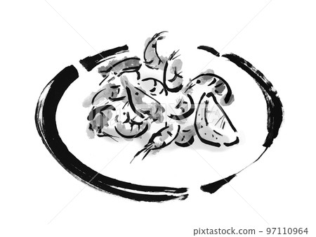 Hand-drawn Japanese-style illustration material of grilled shrimp Black and white, monochrome, single color, 97110964