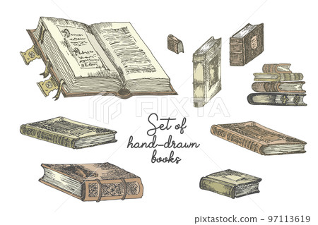 Set of hand drawing sketch books for concept vintage design fair or festival flyer, paper, banner, school library retro poster, bookshop advertising. in engraving style Set of hand drawing sketch books for concept vintage design fair or festival flyer, paper, banner, school library retro poster, bookshop advertising. in engraving style 97113619