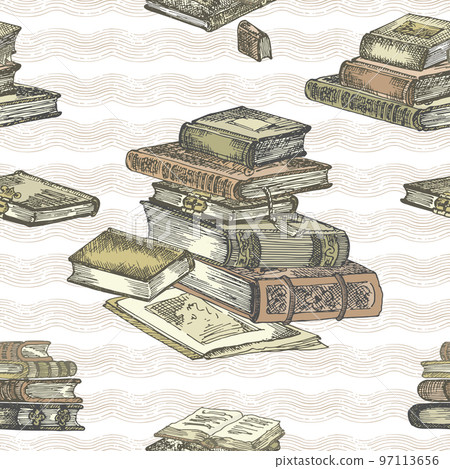 Seamless pattern with hand drawing sketch vintage books for concept design fair or festival flyer, paper, banner, school library, retro poster, bookshop advertising in engraving style Seamless pattern with hand drawing sketch vintage books for concept design fair or festival flyer, paper, banner, school library, retro poster, bookshop advertising in engraving style 97113656
