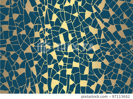 Golden cracked texture on emerald background. Kintsugi Japanese art style. Upcycling eco trend. Seamless pattern Grunge gold craquelure ceramics effect Modern textile decor design. Vector 97113682