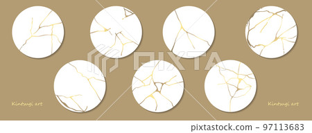 Kintsugi art style template. A4 design poster Abstract golden crack texture pattern on white backdrop. Japanese vintage traditional craft Gold craquelure circle background. Vector illustration 97113683