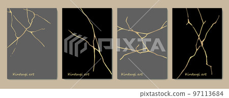 Kintsugi art style template. A4 design poster Abstract golden crack texture pattern on grey backdrop. Japanese vintage traditional craft Gold craquelure circle background. Vector illustration 97113684
