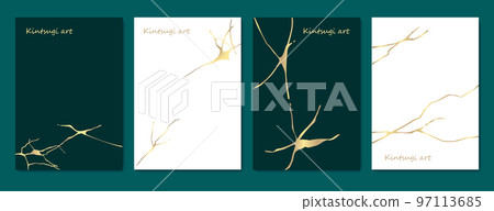 Kintsugi art style template. A4 design poster Abstract golden crack texture pattern on white backdrop. Japanese vintage traditional craft Gold craquelure circle background. Vector illustration 97113685