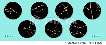 Kintsugi art style template. A4 design poster Abstract golden crack texture pattern on azure backdrop. Japanese vintage traditional craft Gold craquelure circle background. Vector illustration 97113686