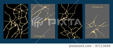 Kintsugi art style template. A4 design poster Abstract golden crack texture pattern on grey backdrop. Japanese vintage traditional craft Gold craquelure circle background. Vector illustration 97113689