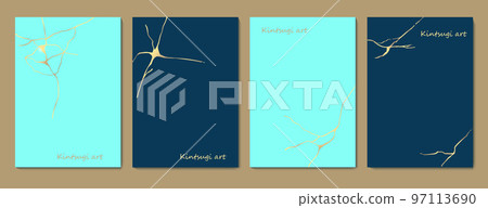 Kintsugi art style template. A4 design poster Abstract golden crack texture pattern on azure backdrop. Japanese vintage traditional craft Gold craquelure circle background. Vector illustration Kintsugi art style template. A4 design poster Abstract golden crack texture pattern on azure backdrop. Japanese vintage traditional craft Gold craquelure circle background. Vector illustration 97113690