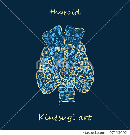 Porcelain thyroid decorated blue plant pattern decorated golden craquelure in kintsugi art style. Modern upcycling eco trend. Good design for fashion t-shirt, fabric, scrapbooking, stickers Vector 97113692
