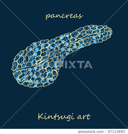 Porcelain pancreas decorated blue plant pattern decorated golden craquelure in kintsugi art style. Modern upcycling eco trend. Good design for fashion t-shirt, fabric, scrapbooking, stickers Vector Porcelain pancreas decorated blue plant pattern decorated golden craquelure in kintsugi art style. Modern upcycling eco trend. Good design for fashion t-shirt, fabric, scrapbooking, stickers Vector 97113693