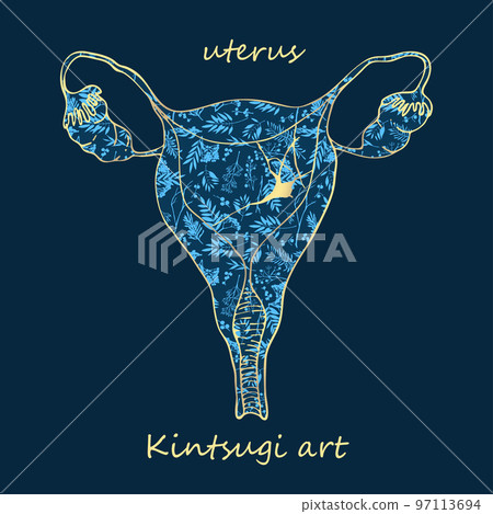 Porcelain uterus decorated blue plant pattern decorated golden craquelure in kintsugi art style. Modern upcycling eco trend. Good design for fashion t-shirt, fabric, scrapbooking, stickers Vector Porcelain uterus decorated blue plant pattern decorated golden craquelure in kintsugi art style. Modern upcycling eco trend. Good design for fashion t-shirt, fabric, scrapbooking, stickers Vector 97113694