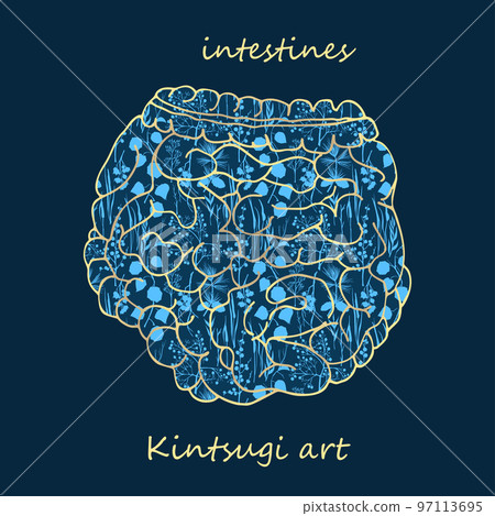 Porcelain intestines decorated blue plant pattern decorated golden craquelure in kintsugi art style. Modern upcycling eco trend. Good design for fashion t-shirt, fabric, scrapbooking, stickers Vector 97113695