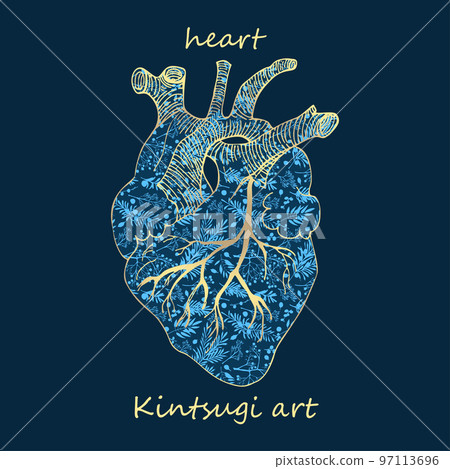 Porcelain heart decorated blue plant pattern decorated golden craquelure in kintsugi art style. Modern upcycling eco trend. Good design for fashion t-shirt, fabric, scrapbooking, stickers Vector 97113696