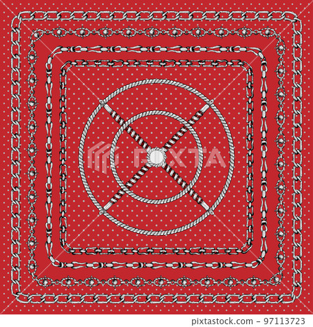 Border pattern with retro hand-drawn sketch silver chain on dark red background. Tranding drawing print for scarf or bandana. 97113723