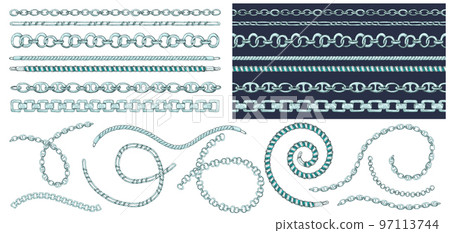 Set of brush patterns with retro hand-drawn sketch silver chain on dark background. Drawing engraving texture. Great design for fashion, textile, decorative frame, yacht style card. Set of brush patterns with retro hand-drawn sketch silver chain on dark background. Drawing engraving texture. Great design for fashion, textile, decorative frame, yacht style card. 97113744