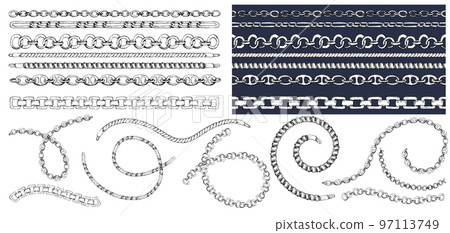 Set of brush patterns with retro hand-drawn sketch chain on dark background. Drawing engraving texture. Great design for fashion, textile, decorative frame, yacht style card. 97113749